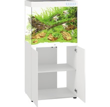 Aquariumcombinatie met onderkast, ingericht met planten, vissen en decoraties. De onderkast heeft twee open vakken.