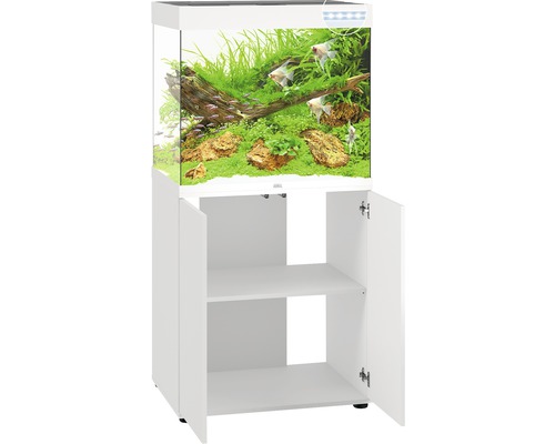Aquariumcombinatie met onderkast, ingericht met planten, vissen en decoraties. De onderkast heeft twee open vakken.