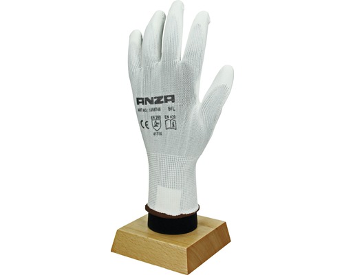 Anza werkhandschoen maat S tot L op houten sokkel