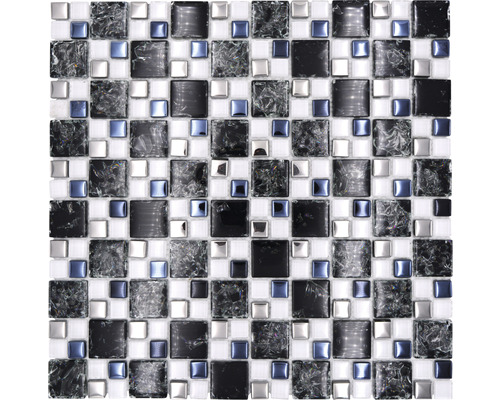 Mozaïektegel glas Chrystal XICK 1499 zwart/wit/zilver craquelé/gebroken glas 33,8x33,8 cm