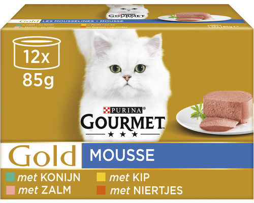 GOURMET Kattenvoer gold mousse kip, zalm, niertjes en konijn 12 x 85 g