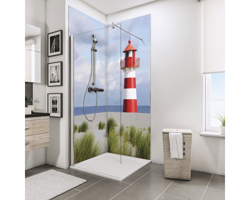 SCHULTE Douche achterwand 2x 90x210 cm hoekset vuurtoren Badkamer met douchecabine, vuurtorenmotief, douchearmatuur en plank