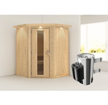 Houten hoeksauna met saunakachel