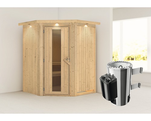 Houten hoeksauna met saunakachel