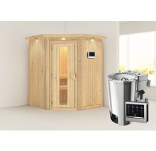 Houten sauna met glazen deur, bediening en saunakachel