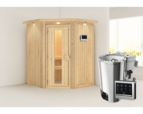 Houten sauna met glazen deur, bediening en saunakachel