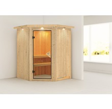 Houten hoeksauna met glazen deur en interieurverlichting.