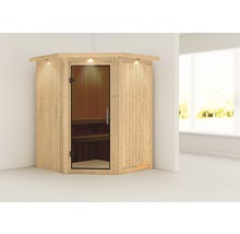 Houten hoeksauna met glazen deur en binnenverlichting