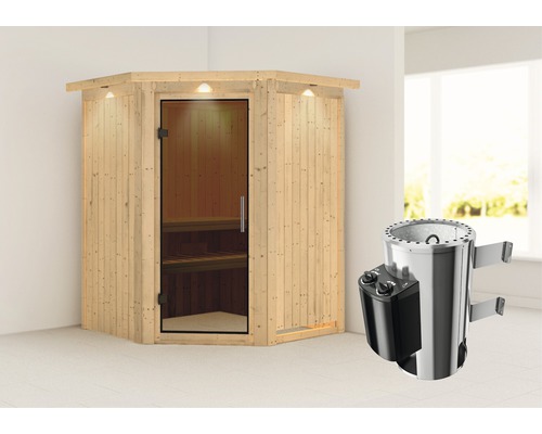 Houten hoeksauna met glazen deur en saunakachel