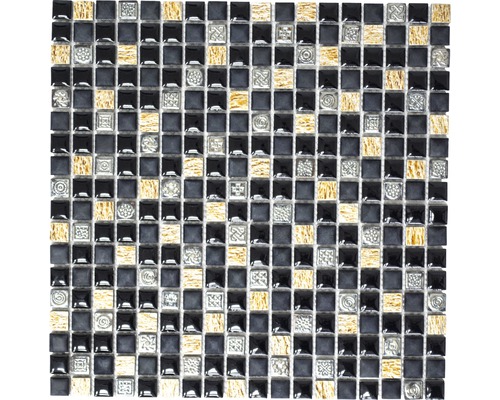 Mozaïektegel natuursteen zwart/koper 30x30 cm Mozaïektegel met vierkante zwarte, grijze en gouden glaselementen