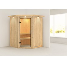 Hoeksauna met glazen deur en binnenverlichting