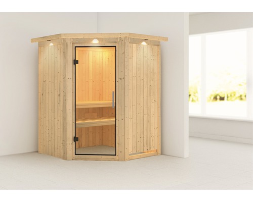 Hoeksauna met glazen deur en binnenverlichting