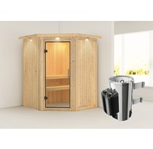 Houten hoeksauna met glazen deur en saunakachel
