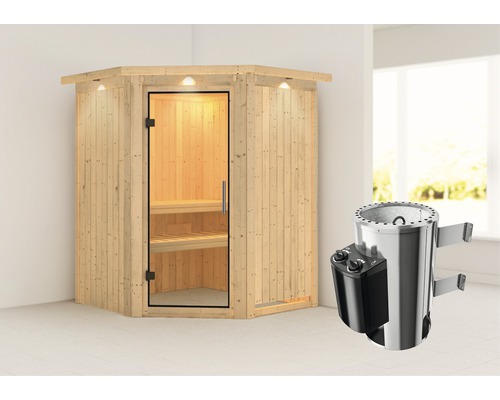 Houten hoeksauna met glazen deur en saunakachel