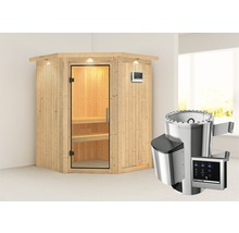 Sauna met glazen deur, bedieningspaneel en saunakachel