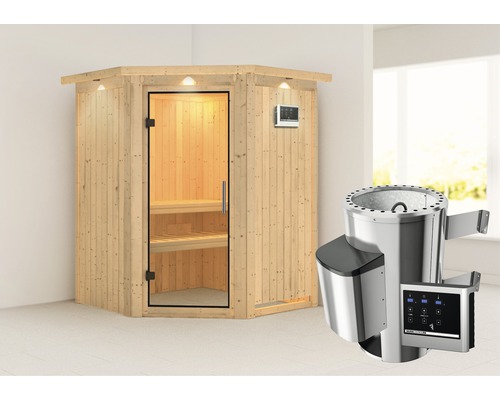 Sauna met glazen deur, bedieningspaneel en saunakachel