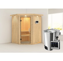 Houten hoeksauna met glazen deur en saunakachel.