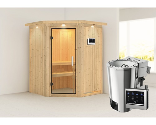 Houten hoeksauna met glazen deur en saunakachel.