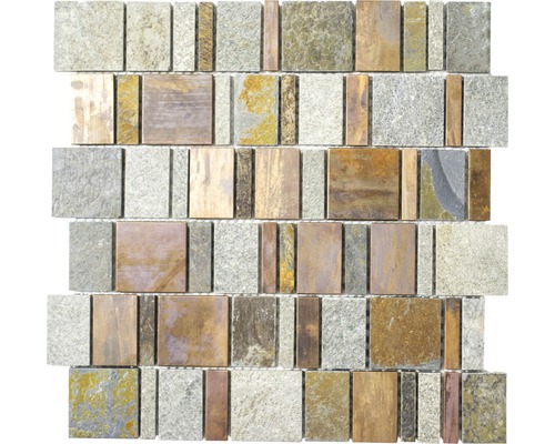 Mozaïektegel natuursteen XSK 585 steen/koper mix 30x30 cm Mozaïektegel van natuursteen met rechthoekige en vierkante elementen