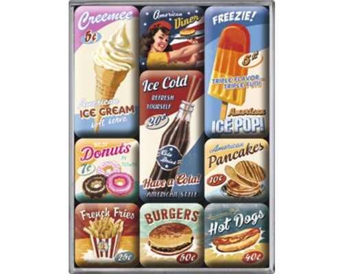 Decoratieve muurafbeelding met Amerikaanse gerechten zoals ijs, donuts en hamburgers