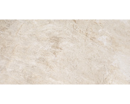 Close-up van een beige keramische tegel met marmeren structuur.