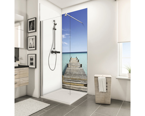 SCHULTE Douche achterwand 90x210 cm steiger Malediven Douchecabine met strandmotief, douchebak en badkamerinrichting in een heldere badkamer