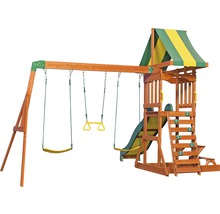 Houten speelplaats met schommels, glijbaan en klimwand voor in de tuin