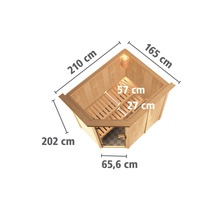 Hoeksauna met afmetingen van 210 cm bij 165 cm en een hoogte van 202 cm