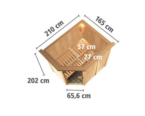 Hoeksauna met afmetingen in centimeters