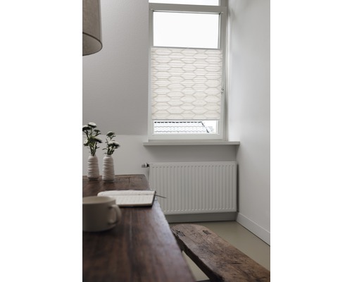 Lichte ruimte met houten meubels, radiator en plisségordijn voor het raam