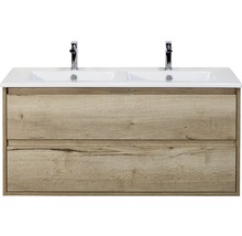 Wastafelonderkast met twee wastafels en twee lades in houtlook