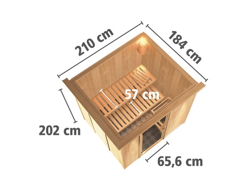 Illustratie van een houten sauna met maatvoering