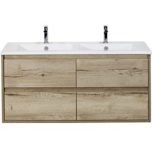Wastafelonderkast met twee wastafels en vier lades in houtlook
