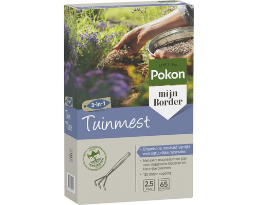 Pokon Mijn Border 3-in-1 tuinmest verpakking met tuinscène en handen