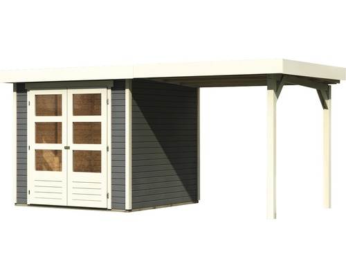 Houten tuinhuis met dubbele deur en aanbouw