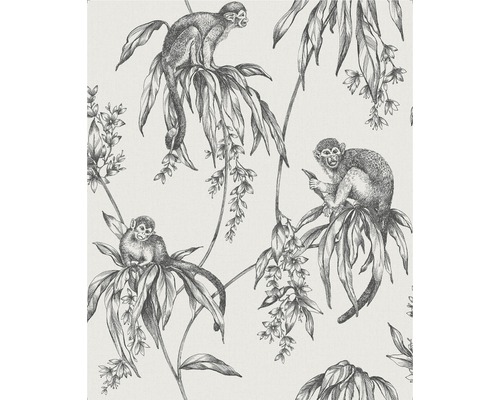 SUPERFRESCO EASY Vliesbehang 106157 Saimiri apen wit/grijs Behang met apen- en plantenmotief