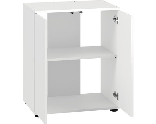 Witte onderkast met twee open deuren en een legplank