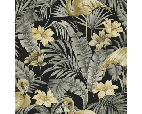 SUPERFRESCO EASY Vliesbehang 106740 Dark Chiq geel/zwart Behang met flamingo''s, bladeren en bloemen