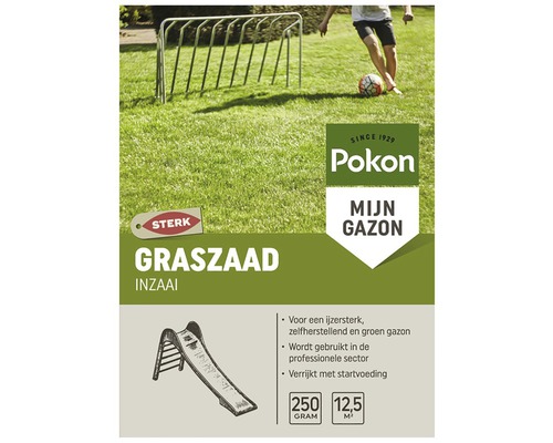 POKON Graszaad inzaai Sport- en speelgras 250 gr 12,5 m2 Pokon gazonzadenpakket met scène van een jongen die voetbal speelt op gras