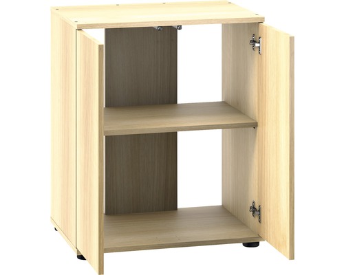 Open houten onderkast met twee planken en twee deuren