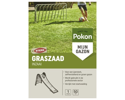 POKON Graszaad inzaai Sport- en speelgras 1 kg 50 m2 Pokon Mijn Gazon graszaadpakket met afbeelding van een gazon, een kind dat voetbalt en een glijbaan