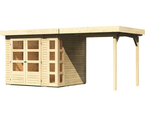 Houten tuinhuis met dubbele deur en afdak