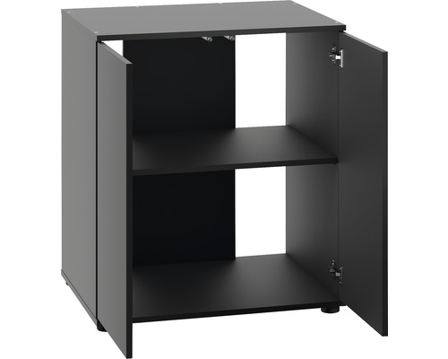 Zwarte onderkast met twee openstaande deuren en twee planken