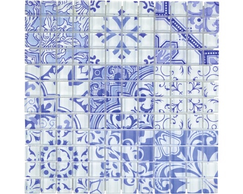 Mozaïektegel glas Crystal XCM8OP3 design blauw 30x30 cm Mozaïekmat met blauw-witte patronen