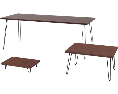 Drie bruine tafels met metalen poten