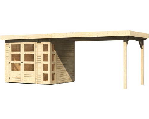 Houten tuinhuis met dubbele deur en carport
