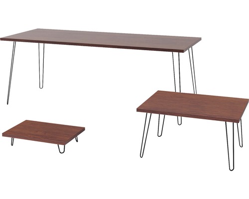 Drie bruine tafels met metalen poten in verschillende maten