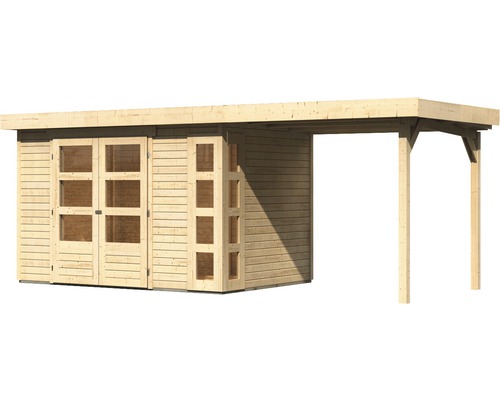 Houten tuinhuis met dubbele deur en carport aanbouw