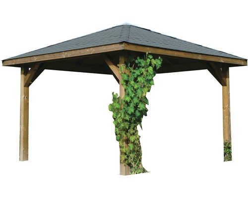 SOLID Paviljoen paaldikte 12x12 cm, geïmpregneerd grenenhout 437x437 cm Houten tuinpaviljoen met puntdak en begroeiing