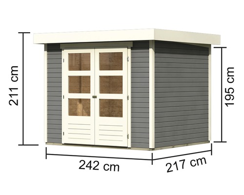 Houten tuinhuis met afmetingen 211 cm hoog, 242 cm breed en 217 cm diep